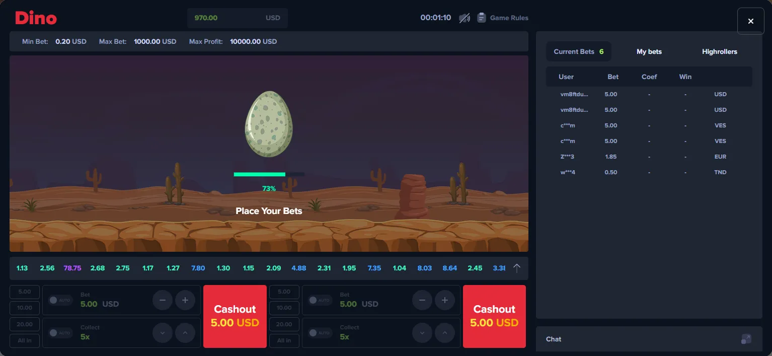 Dino minigame screenshot — The betting window